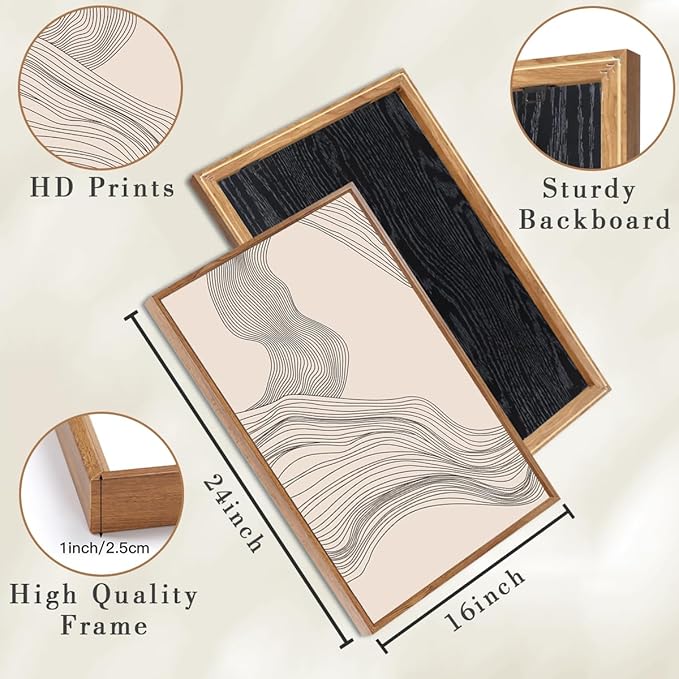 Neutral Abstract Wall Art Framed Modern Beige Wave Wall Decor for Bathroom Living Room Bedroom 16x24 Inch Set of 3