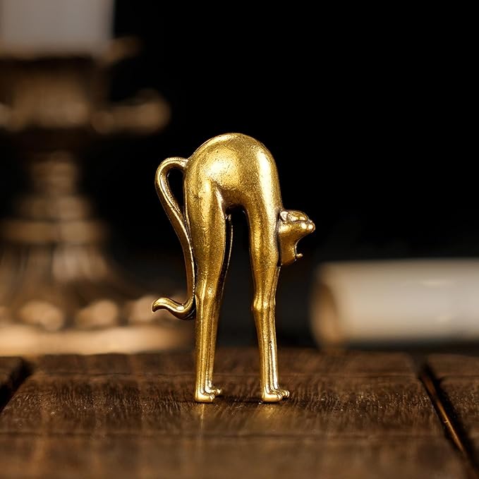 CHOVY Retro Handcrafted Stretching Cat Sculpture - 100% Solid Brass Elegant Desk & Tabletop Decor, Collectible Art Ornament for Home & Office | Unique Gift for Cat Lovers