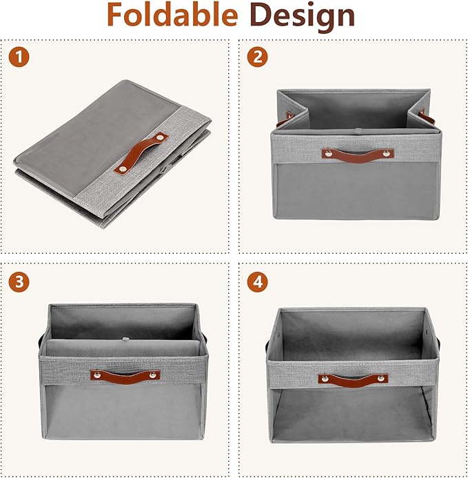 Large Storage Baskets with Clear Window, See Through Closet Organizer with PU Handles, Linen Foldable Storage Bins for Organizing Clothes, Toys, Books (Gray)