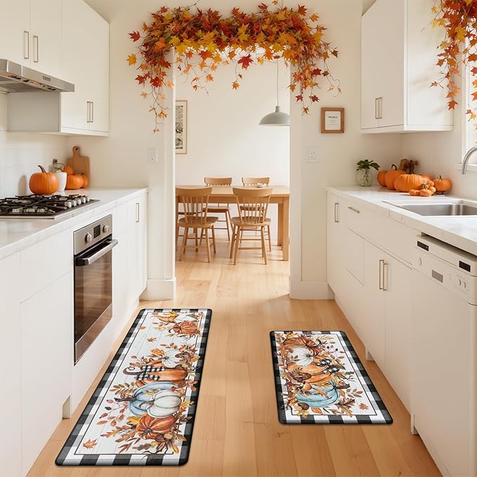 SHACOS Fall Anti Fatigue Kitchen Mats 2 Pcs Pumpkins Gnome Maple Leaves Black and White Checkered Rug Autumn Non Slip Cushioned Floor Mat for Kitchen Decor, 17x27.5+17x47, Pumpkins Black Plaid