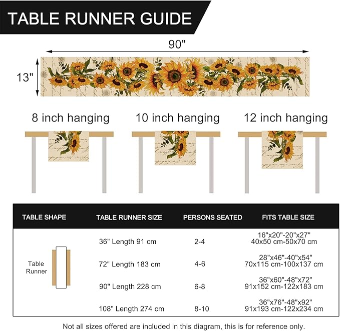 Seliem Fall Sunflowers Table Runner, Vintage Spring Summer Flower Home Kitchen Dining Decor, Seasonal Farmhouse Floral Decorations Indoor Outdoor Party Supply 13 x 90 Inch