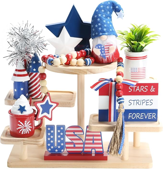4th of July Decorations, Memorial Day Decorations, Independence Day Patriotic Tiered Tray Decor Set, 8 Pieces Fourth of July Centerpieces for Home Office Table Shelf, Red White and Blue Decorations