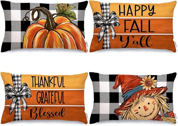 GEEORY Fall Throw Pillow Covers 12x20 Inch Set of 4, Pumpkin Scarecrow Buffalo Plaid Orange Autumn Seasonal Decorative Farmhouse Decoration for Home G563-12