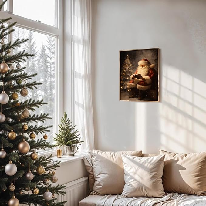 RETRART Christmas Wall Art Vintage Holiday Canvas Print with Santa Claus Christmas Tree, Christmas Pictures Wall Decor Waterproof Fade-Resistant Oil Painting Decor for Living Room, Bedroom(8"x10")