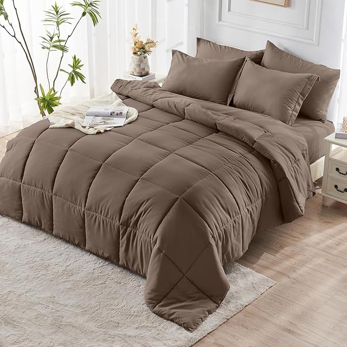 JOLLYVOGUE King Comforter Set, Ultra-Soft Bed in a Bag King Size 7 Pieces, Oeko-TEX Certified Bedding Set with Down Alternative Comforter, Sheets, Pillowcases & Shams, Brown