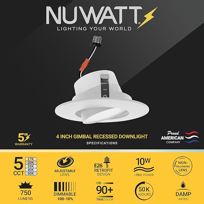 NUWATT 24 Pack Retrofit 4 Inch Gimbal LED Recessed Light White Trim, High Lumen, 750lm, 10W, 5CCT 2700K/3000K/3500K/4000K/5000K Selectable, Dimmable, Adjustable Lens Eyeball Downlight, ETL Listed