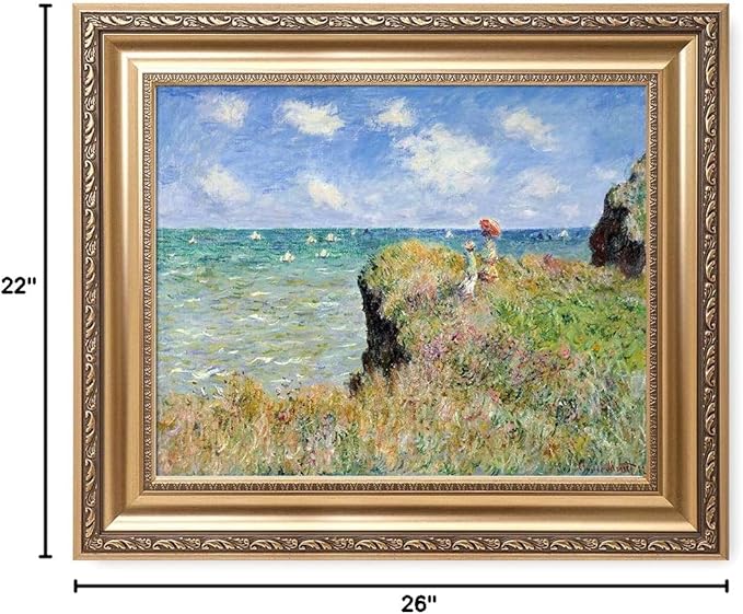 DECORARTS - The Cliff Walk At Pourville by Claude Monet. Classic Art Reproduction, Giclee Print on Canvas. Ready to Hang Framed Wall Art for Wall Decor. Total Size w/Frame: 26x22