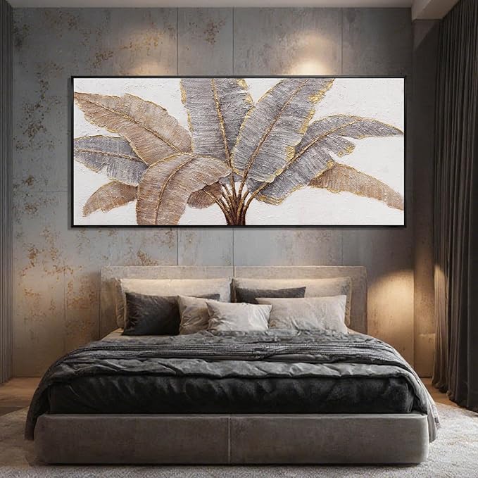 Gold Line Canvas Wall Art Leaves Wall Decor Modern Art Prints 32"x70" Bedroom Artwork for Wall Over Bed Art for Living Room
