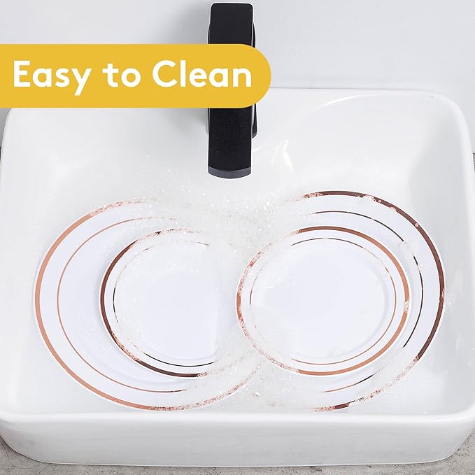 Goodluck 200PCS Rose Gold Plastic Plates, Heavy Duty Disposable Rose Gold Plates with 100 10.25 inch Dinner Plates and 100 7.5 inch Dessert Plates. Disposable Plates for Party, Wedding, Valentines