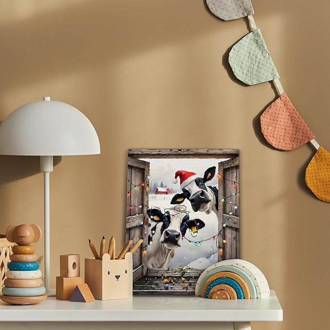 FITIE Funny Christmas Cow Canvas Wall Art Poster, Farmhouse Christmas Decor, Rustic Country Holiday Winter Farm Animal Framed Artwork Prints Wall Decor for Home Bedroom Living Room, 11x14 Inch