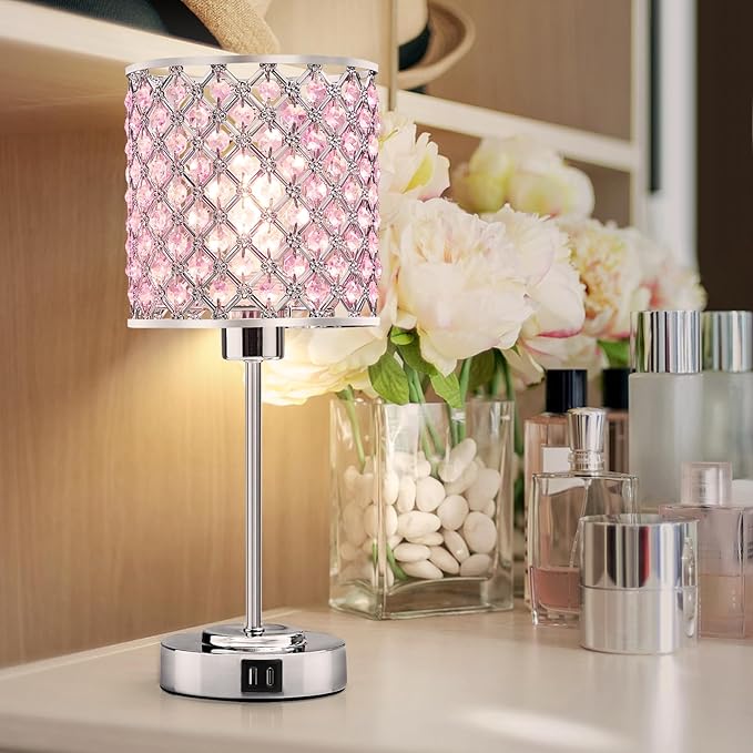 Pink Crystal Table Lamp Set of 2, Bedside Table Lamps 3-Way Dimmable Touch Nightstand Lamp with USB-C+A Charging Ports Night Lights Decorative Accent Lamp for Bedroom, Living Room, Office, Girls Room