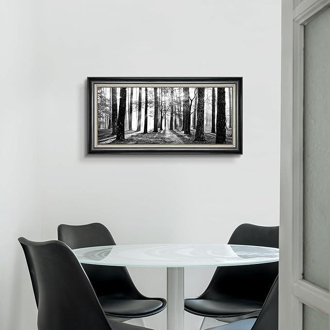 Black and White Forest Wall Art: Framed Tree Landscape Canvas Painting Modern Foggy Sunshine Scene Prints for Bedroom