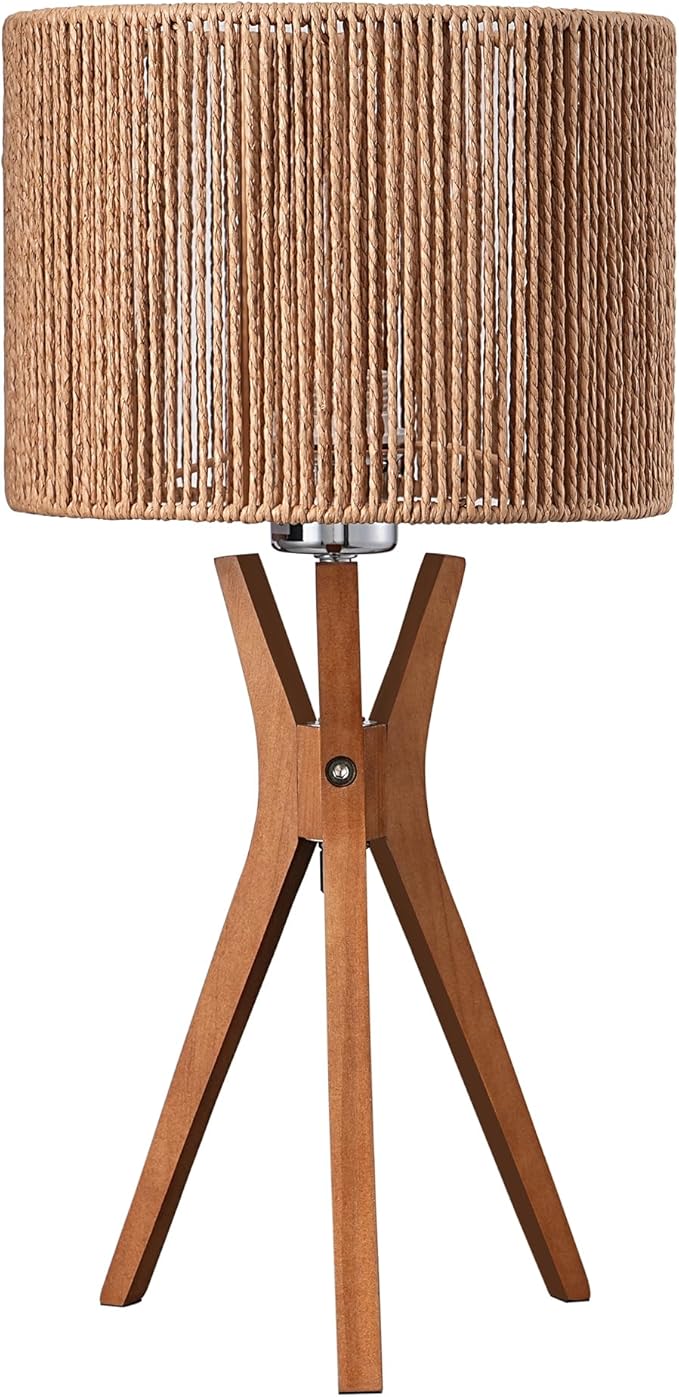 EDISHINE 17.5" Rattan Table Lamp, Wood Bedside Lamp with Handmade Paper Rope Woven Lampshade, Nightstand Lamp for Living Room, Bedroom, E26 Base, ON-Off Switch