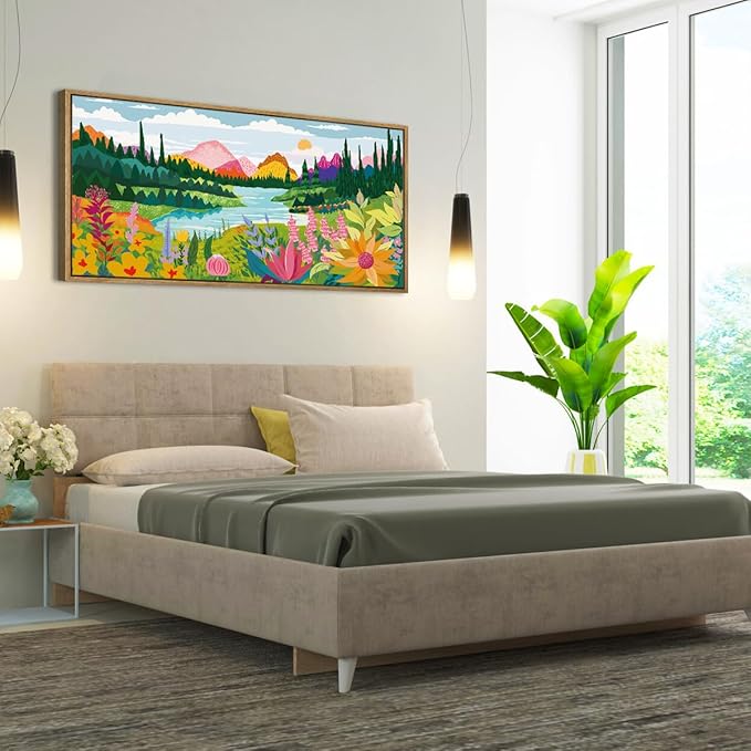 ANHUIB Large Colorful Wall Art 20x40 Inch Framed Abstract Floral Wall Decor Forest Woodland Painting Muticolor Mountain Range Illustration for Living Room Dining Room Bedroom