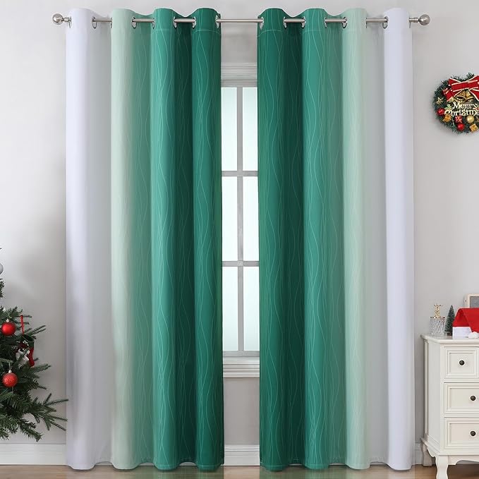 Estelar Textiler Green and Greyish White Blackout Curtains for Bedroom, Thermal Insulated Ombre Drapes 84 Inches Long, Full Room Darkening Energy Saving Curtains for Living Room,52Wx84L,2 Panels