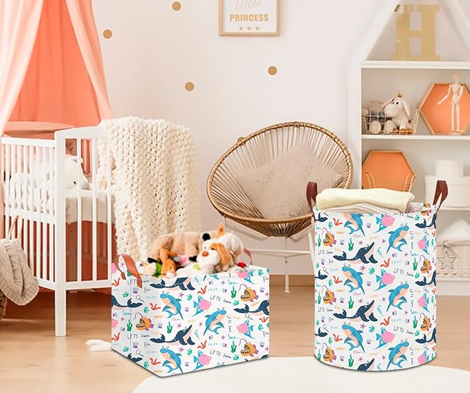 CLOCOR Rectangular Storage Basket Empty,Gift Basket for Kids,Waterproof Storage Bin with Handles,Room Decor(Cute Ocean)