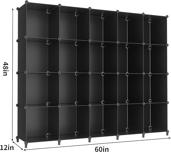 HOMIDEC 20-Cube Black Storage Organizer, Modular Shelf With Hammer, Storage Bin Cabinet Closet Bookshelf for Living Room, Bedroom, Office, Each Cube Size 11.8 x 11.8 Inch