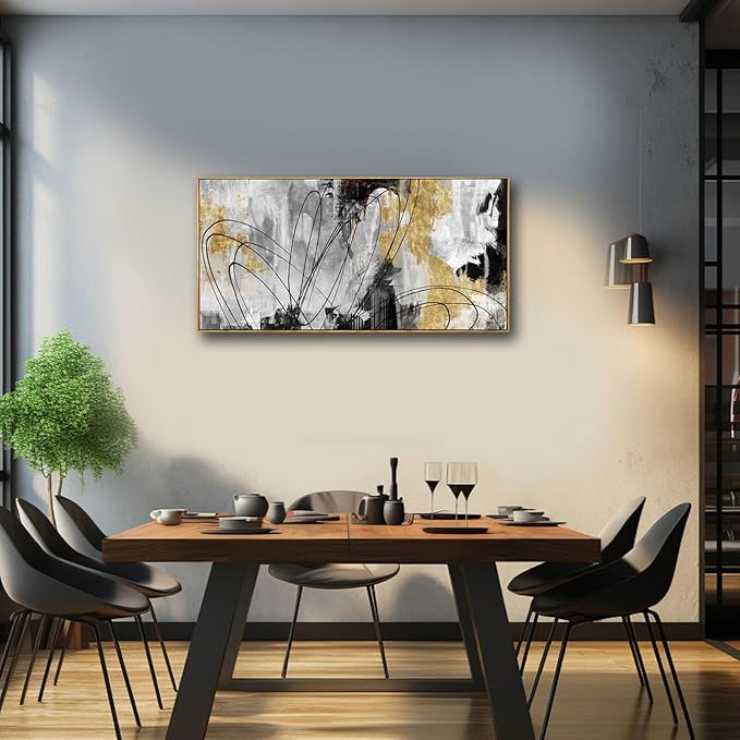 YJYart Line Art Wall Decor Black and Gold Wall Artwork 20"x40" Canvas Wall Art for Living Room Kitchen Wall Picture Ready to Hang