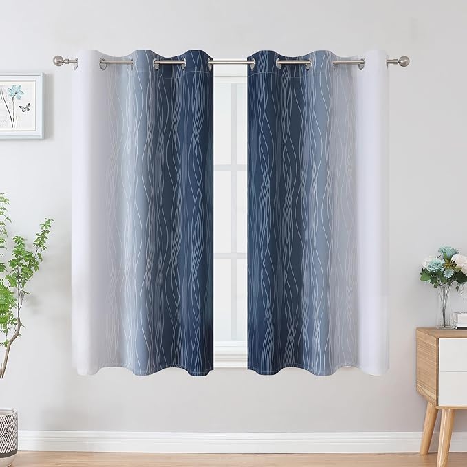 Estelar Textiler Navy Blue and Greyish White Blackout Curtains 54 Inch Length, Light Blocking Gradient Grommet Drapes for Kitchen, Thermal Insulated Ombre Curtains for Bathroom,42Wx54L,2 Panels