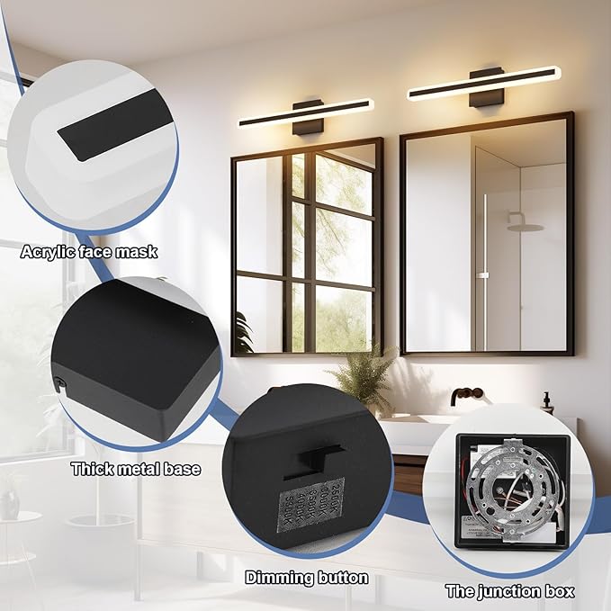 24 inch Black Bathroom Light Fixture 5 Color Temperature Dimmable LED Vanity Lights Bathroom Vanity Lights Over Mirror Light Bar Vanity Lighting Fixtures 5CCT