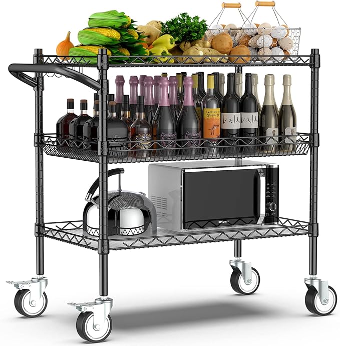 Leteuke 3 Tier Rolling Carts with Wheels,990Lbs Heavy Duty Rolling Utility Cart,NSF Commercial Grade Metal Cart with Handle&Shelf Liner,Trolley Serving Cart for Kitchen,Restaurant,Plant Display,Black