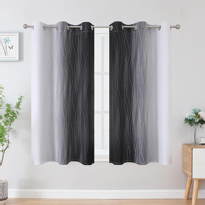 Estelar Textiler Black and Greyish White Blackout Curtains 45 Inch Length, Light Blocking Gradient Drapes for Bedroom, Thermal Insulated Grommet Ombre Curtains for Bathroom,42Wx45L,2 Panels