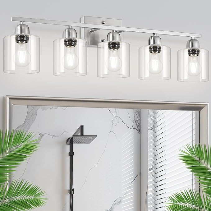 Bathroom Light Fixtures Brushed Nickel, 5 Light Bathroom Vanity Light Over Mirror, Vanity Lights with Clear Glass, E26 Socket