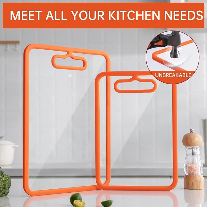 Glass Cutting Board for Kitchen, 2Pcs Tempered Glass Chopping Board with Non-Slip Edges, Dishwasher Safe Clear Cutting Board Set for Countertop, Heat & Shatter Resistant, 15"×11" (Orange)