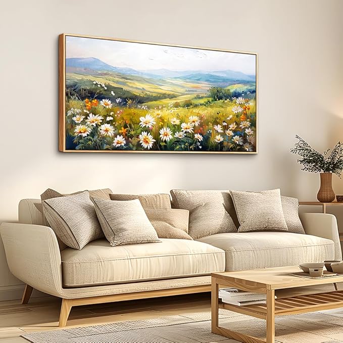 ZUITINGHUA Large Wood Framed Wall Decor For Living Room Canvas Wall Art For Office Modern Wall Decorations For Bedroom Pastoral Scenery Painting Flower Pictures Artwork Room Home Decor 24x48 In