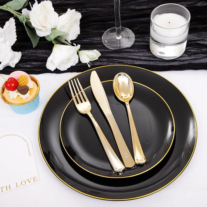 YOUBET 125PCS Black and Gold Plastic Plates - Black Disposable Plates With Gold Rim - Includes 25 Dinner Plates, 25 Dessert Plates, 75 Gold Cutlery for Wedding & Birthday Party Halloween