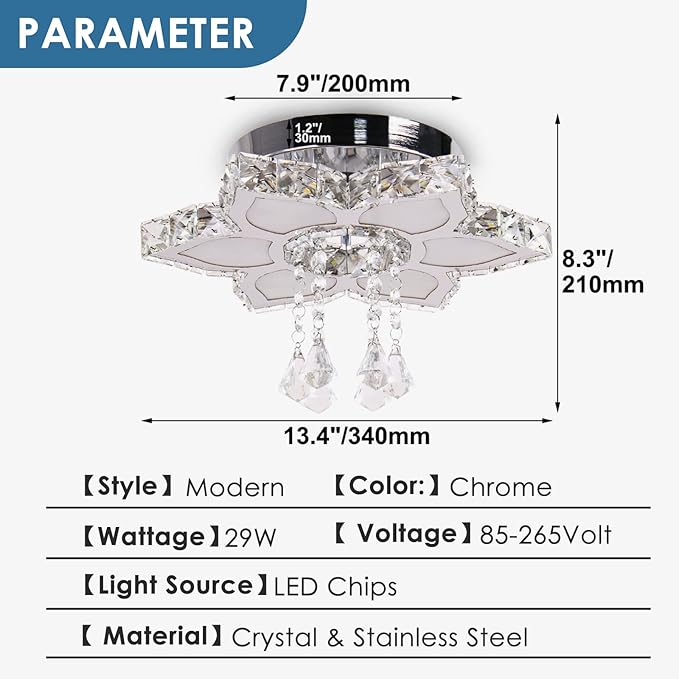 FRIXCHUR 13.4" Modern Crystal Chandelier LED Remote Control Dimmable Crystal Flower Shape Chandelier for Bedrooms Living Room Dining Room Lights