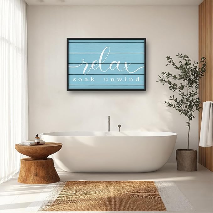 Lovira Relax Soak Unwind Large Wall Art Bathroom Blue Canvas Wall Decor Pictures Prints Painting Framed Home Artwork for Bathroom 24"x36"