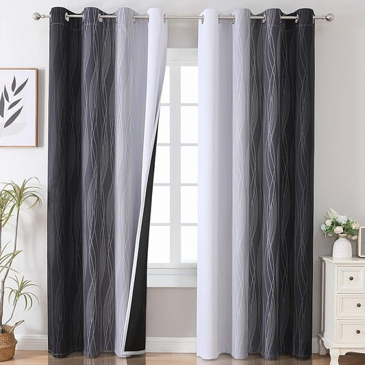 Estelar Textiler Black and Greyish White Ombre Blackout Curtains 90 Inch Length 2 Panels Set, Thermal Insulated Drapes for Bedroom,Full Room Darkening Grommet Gradient Curtains for Living Room,52Wx90L