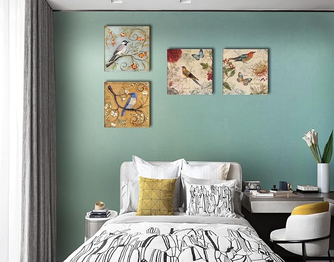 Flowers Birds Canvas Wall Art for Bedroom Floral Wall Decor Butterfly Picture Framed Artwork Vintage Prints Paintings for Bathroom Kitchen Decorations - 16" X 16"