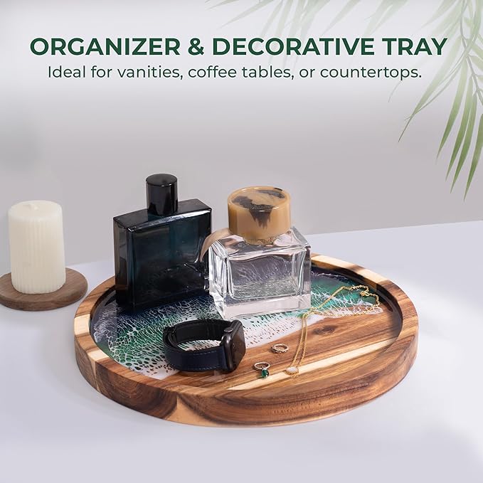 Acacia Wood Round Serving Tray with Epoxy Resin Art, 11.8βx11.8β, Includes Stand & Loofah, Handcrafted Ocean Wave Design, Perfect for Charcuterie, Serving Platters & Appetizers