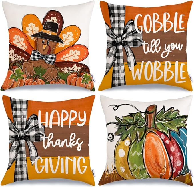 GEEORY Happy Thanksgiving Throw Pillow Covers 20x20 Inch Set of 4, Turkey Gobble Pumpkin Striped Fall Farmhouse Decorative Holiday Decoration for Home G568-20