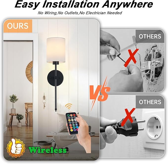 Battery Operated Wall Sconce Set of 2, Black Cordless Rechargeable Wall Sconces with Dimmable LED Bulb and Remote, 13 Colors Wall Lights for Bedroom Living Room Hallway