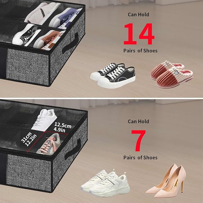 Onlyeasy 2 Pack Under Bed Shoes Storage Bag Organizer (14+4 Pairs), Collapsible Shoe Boot Container with Handles, Underbed Storage Solution for Kids & Adults, 86x60x15cm, Linen-like Black, MXAUBS14S4