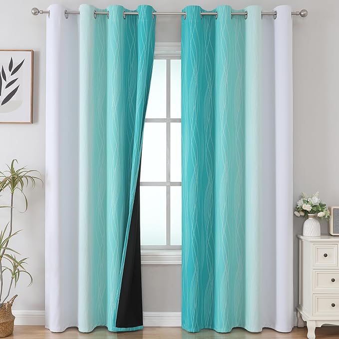 Estelar Textiler Teal and Greyish White Ombre Blackout Curtains 90 Inch Length 2 Panels Set, Thermal Insulated Drapes for Bedroom,Full Room Darkening Grommet Gradient Curtains for Living Room,52Wx90L