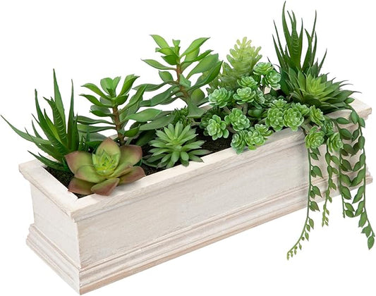 Artificial Succulents Fake Plants in White Rectangular Wooden Pots Artificial Potted Succulents Faux Plants Arrangement for Table Centerpiece Farmhouse Shelf Mantel Tropical Greenery Decor