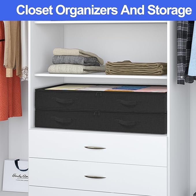 punemi 100L Jumbo Under Bed Storage Containers (No Support) - 6-Pack Foldable Bins, 7.5in Tall Underbed Clothing Storage for Blankets, Comforters, Sweaters & Linen Sheets - Soft-Sided, Black