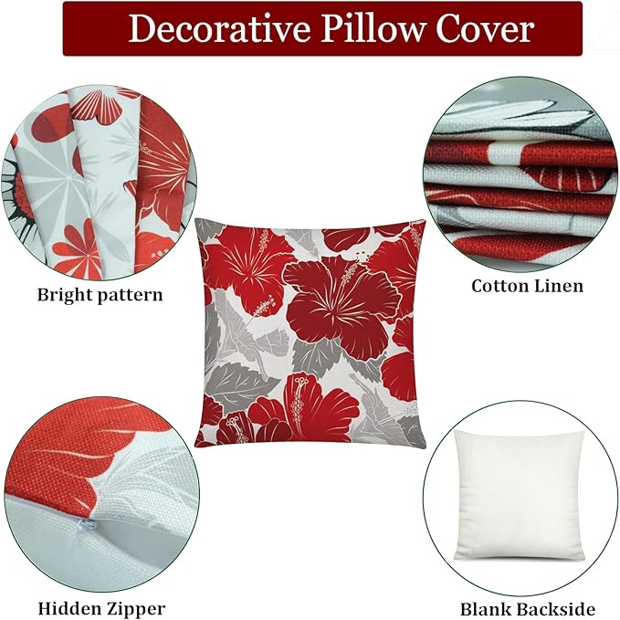 COMMINY Red Grey Pillow Covers 16x16 Set of 6 Decorative Burgundy Daisy Throw Pillow Cover for Couch Modern Farmhouse Cushion Cover for Patio Sofa Bed Living Room Home Decor