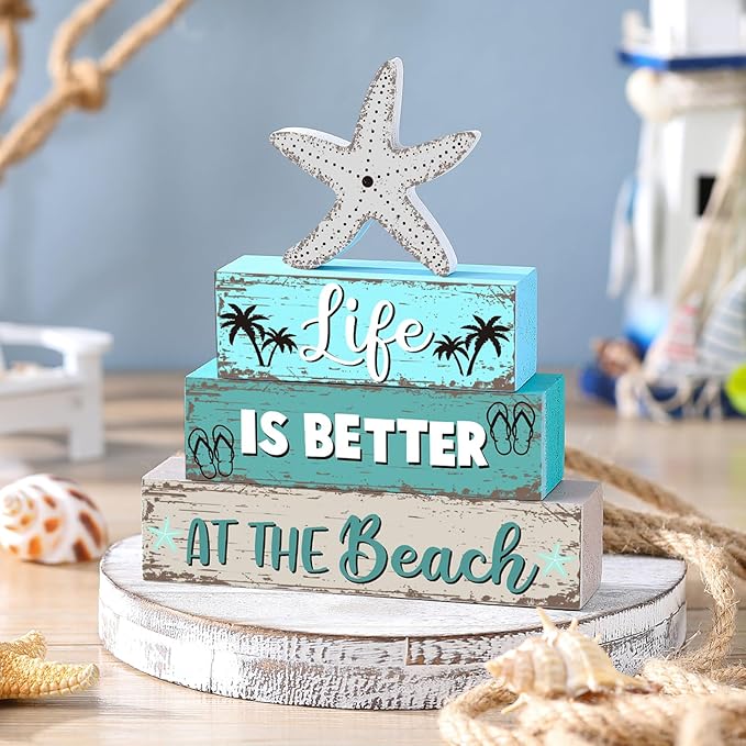 Geelin 4 Pcs Summer Table Decorations Ocean Life Better Wooden Block Signs Beach Theme Starfish Palm Slipper Tabletop Centerpieces Farmhouse Tiered Tray Decor for Home Table Kitchen Shelf