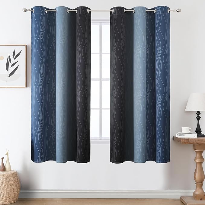 Estelar Textiler Navy Blue and Black Ombre Blackout Curtains 63 Inches Long, Full Room Darkening Grommet Curtains for Bedroom, Thermal Insulated Light Blocking Gradient Drapes, 42Wx63L, 2 Panels