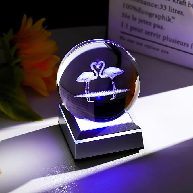 Ornalrist Flamingo Gifts for Women - 3D Crystal Ball 3.15'' with Multicolor Led Light Base - Flamingo Gifts for Kids, Girls - K9 Crystal Ball with LED Base Night Light Home Office Decor