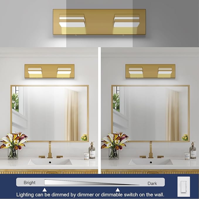 SineRise LED Modern Bathroom Vanity Light Fixtures (2-Light, 15.5-Inch, Dimmable), Brass Modern Acrylic Bathroom Wall Lighting Fixtures Over Mirror (Cool White 6000K)