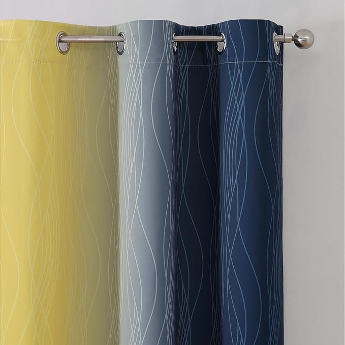Estelar Textiler Navy Blue and Yellow Ombre Blackout Curtains 45 Inch Length 2 Panels, Full Room Darkening Gradient Drapes for Kitchen, Thermal Insulated Grommet Short Curtains for Bathroom,42Wx45L