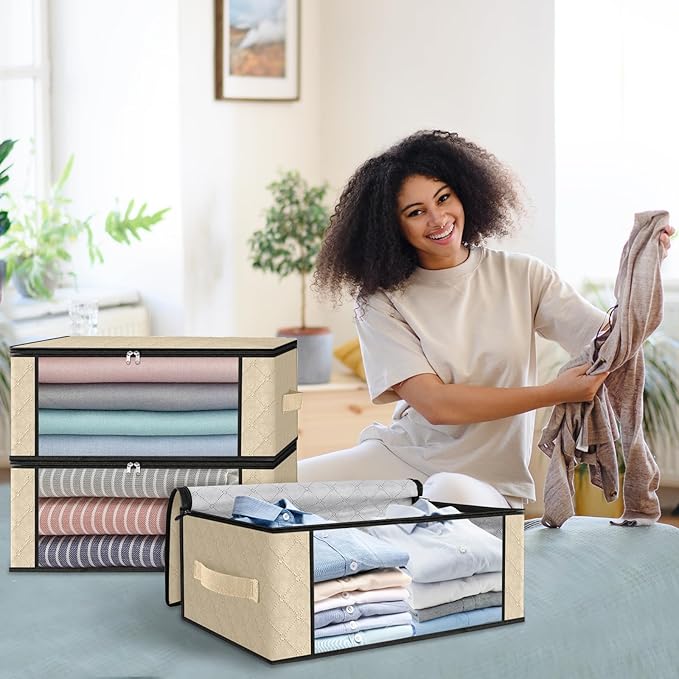 HomeHacks Storage 4-Pack Clothes Organizer Storage Bags Foldable Storage Box with Large Clear Window Sturdy Handles for Closet, Dorm, Pillows, Bedding, Clothes, Blankets, 35L, Beige