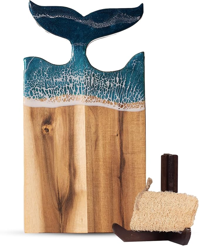 Acacia Wood Cutting Board with Ocean Resin Art, 14.9โx7.9โ, Includes Stand & Loofah, Handcrafted Charcuterie Cheese Board & Serving Platter, Great for Dรฉcor, Housewarming, Weddings (Whale Tail)