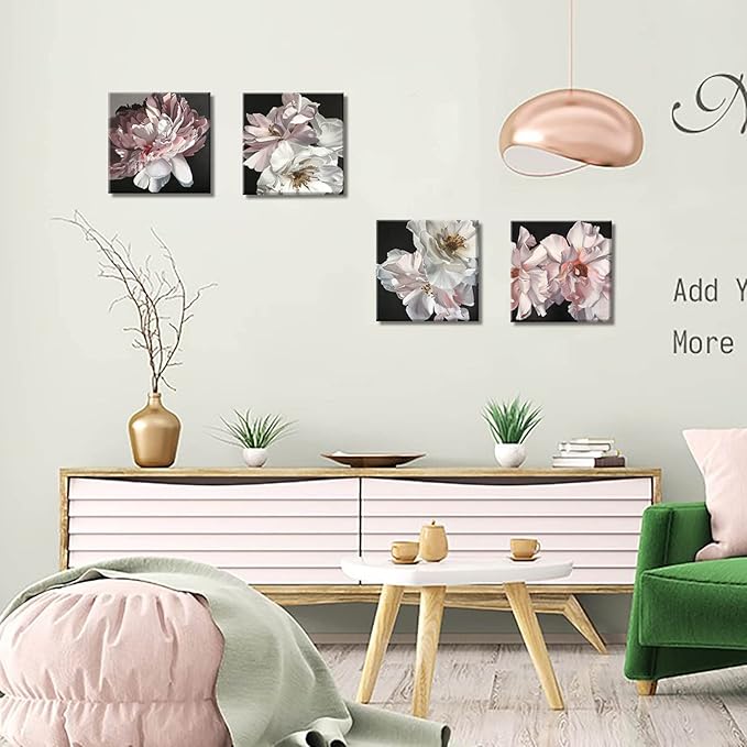 Yxbhhym Floral Canvas Wall Art White Flowers Wall Picturs Prints Pink Florals Artwork for Wall Dรฉcor Painting Poster for Bathroom Art Living Room Decor-Framed Wall Art -12x12inches x 4 pcs